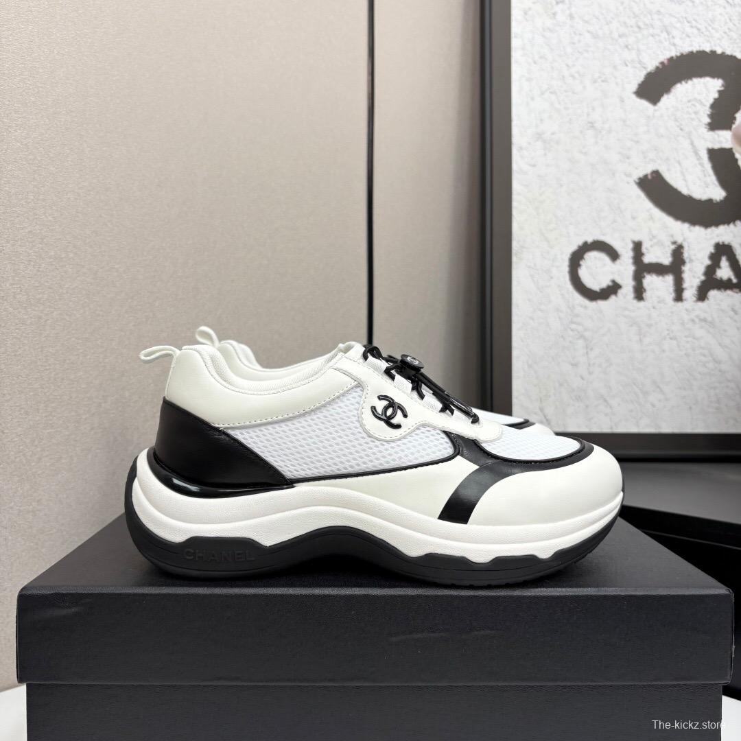 2025 Unisex Chanel White And Black Silk Leather Panda Sneakers With Embroidery Detail CHN2025
