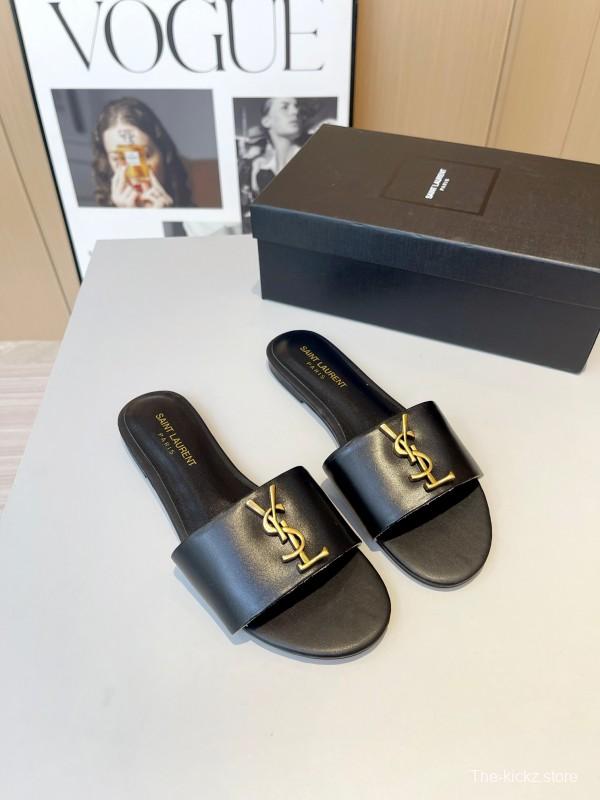 2025 Women Yves Saint Laurent Black Leather Slippers LY00180