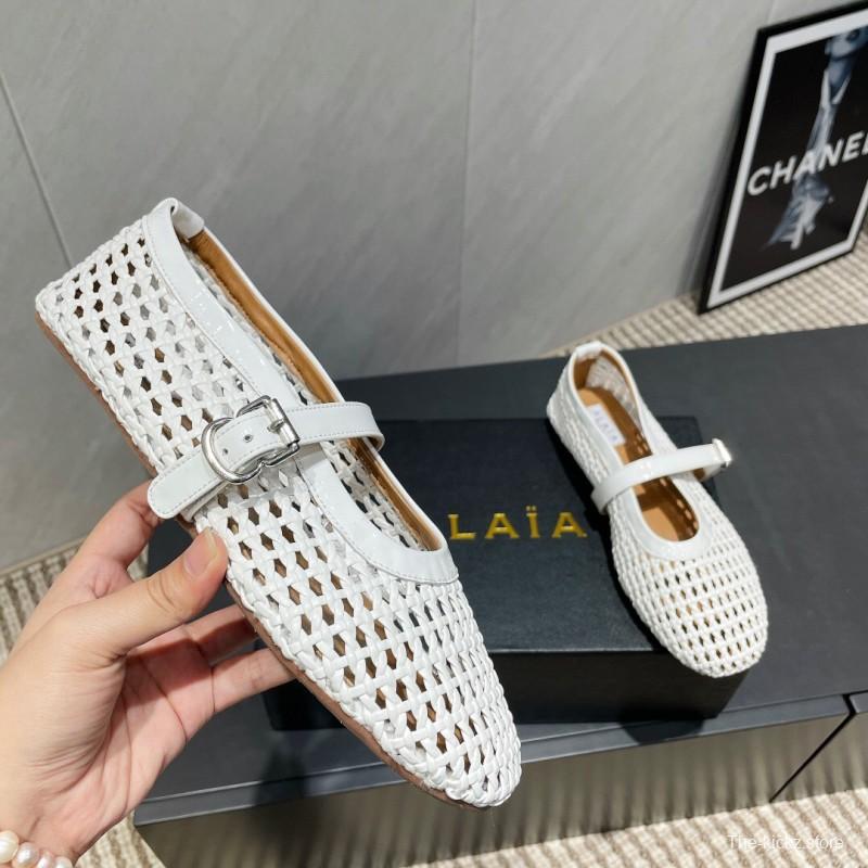 2025 Women Alaïa White Woven Leather Flat Mary Jane Shoes LY00360(F)