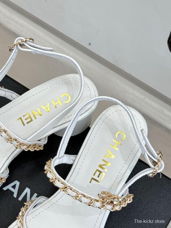 2025 Women Chanel White Leather Chain Strap Sandals