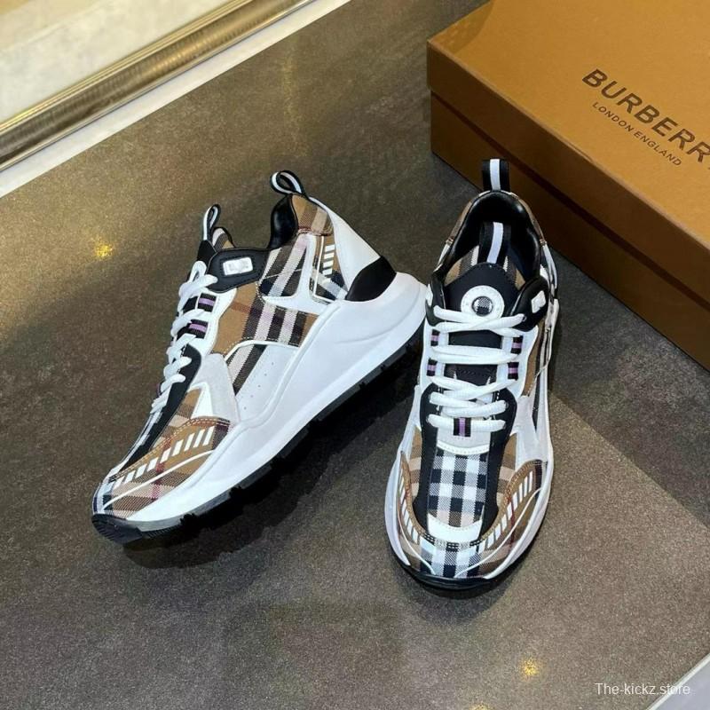 2025 Unisex Burberry Brown White Black Cotton Calfskin Suede Sneakers Check MJ00380(W/M)