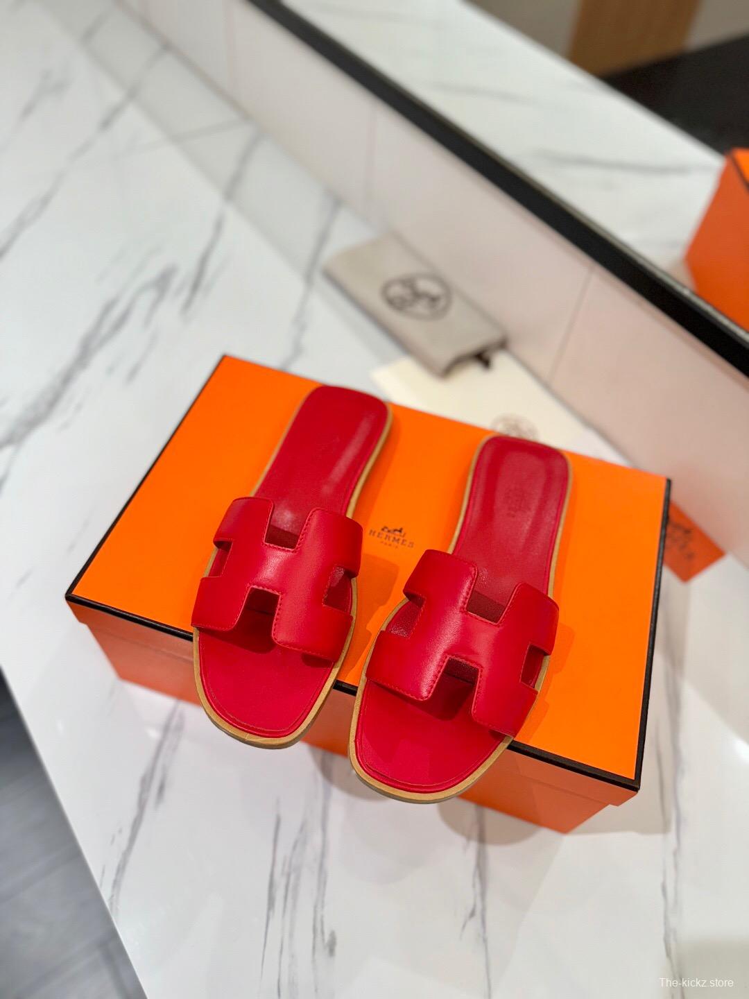 2025 Women Hermès Red Leather Slippers