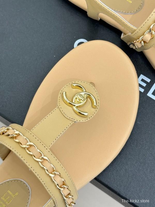 2025 Women Chanel Apricot Leather Sandals KFY00250