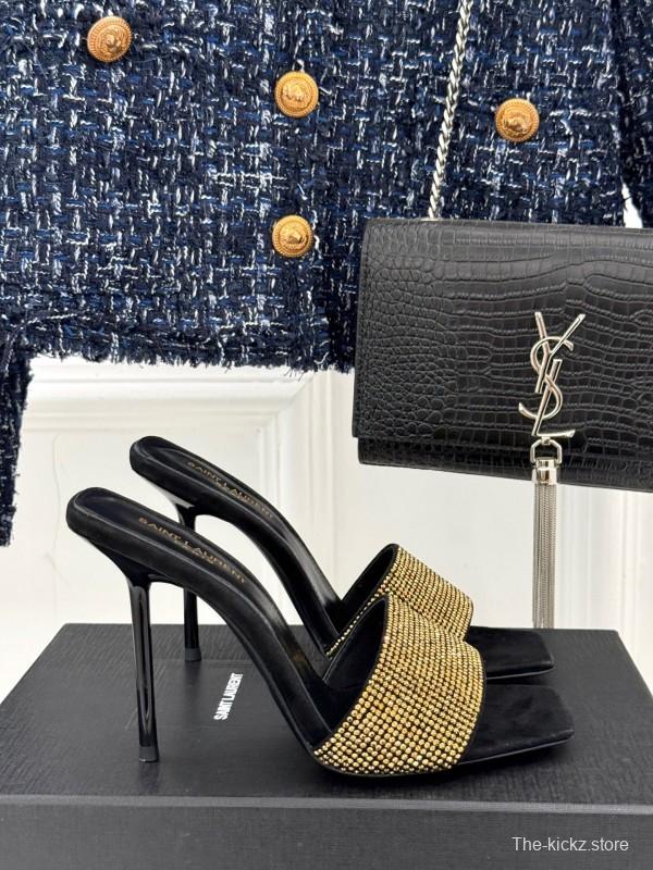 2025 Women Yves Saint Laurent Black Gold Leather High Heel Slip-On LY00300