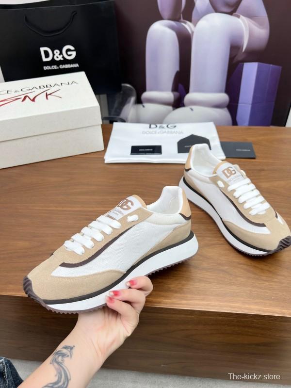 2025 Unisex Dolce & Gabbana White Beige Suede Mesh Sneakers LY00300