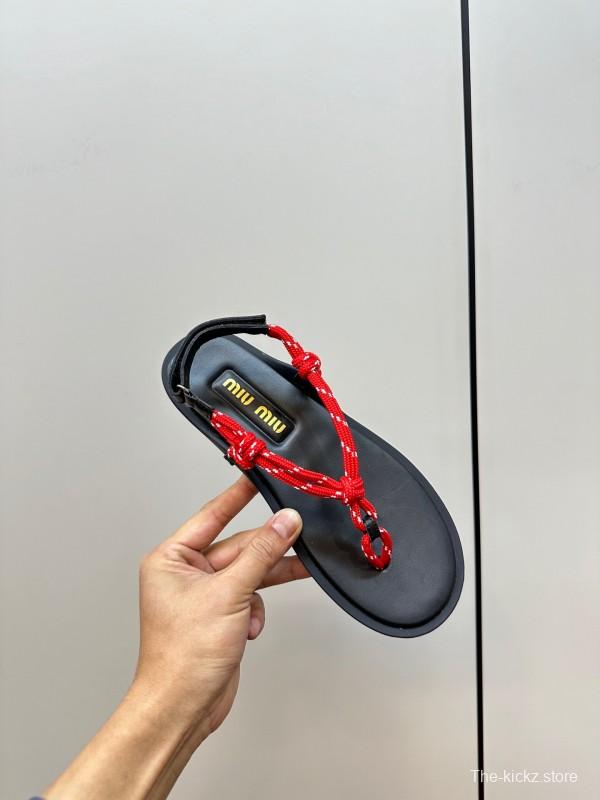 2025 Women Miu Miu Black Red Leather Sandals