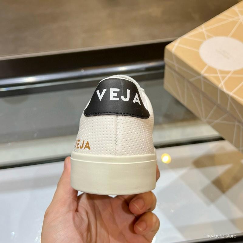 2025 Unisex VEJA White Black Leather Canvas Sneakers V Logo MJ00240(W/M)