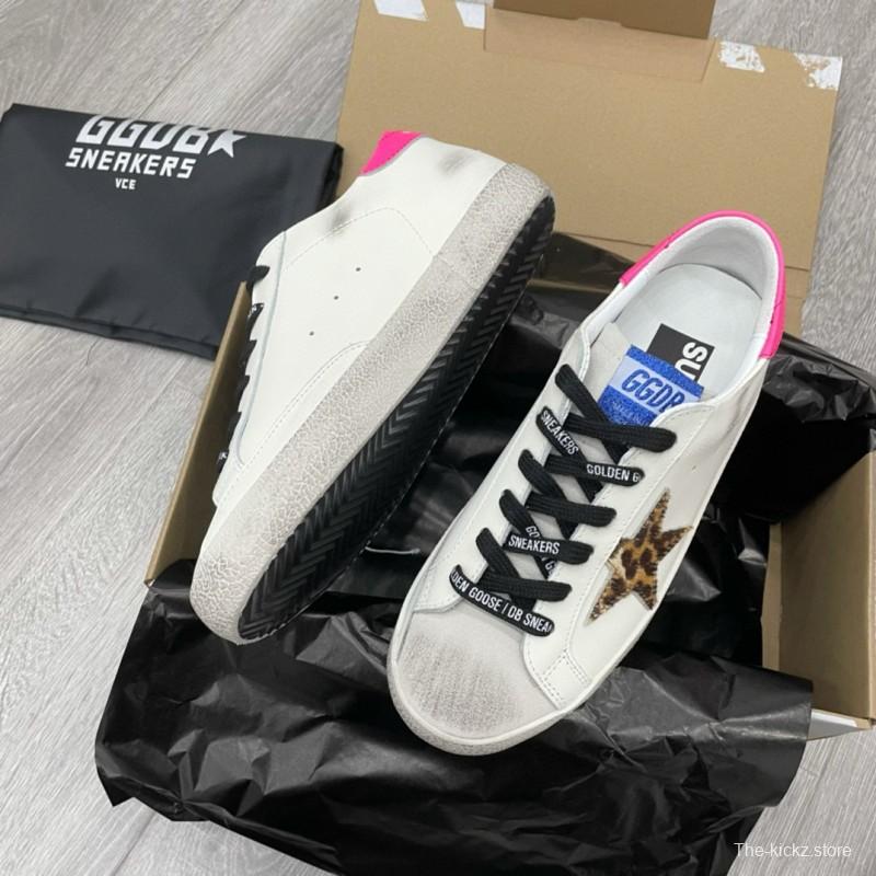 2025 Women GGDB White Pink Leopard Print Leather Sneakers