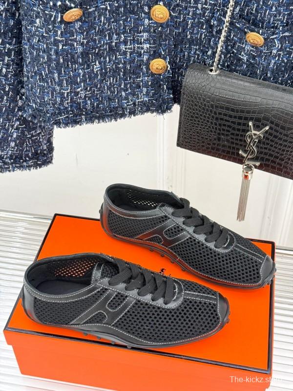 2025 Women Hermès Black Mesh Leather Sneakers