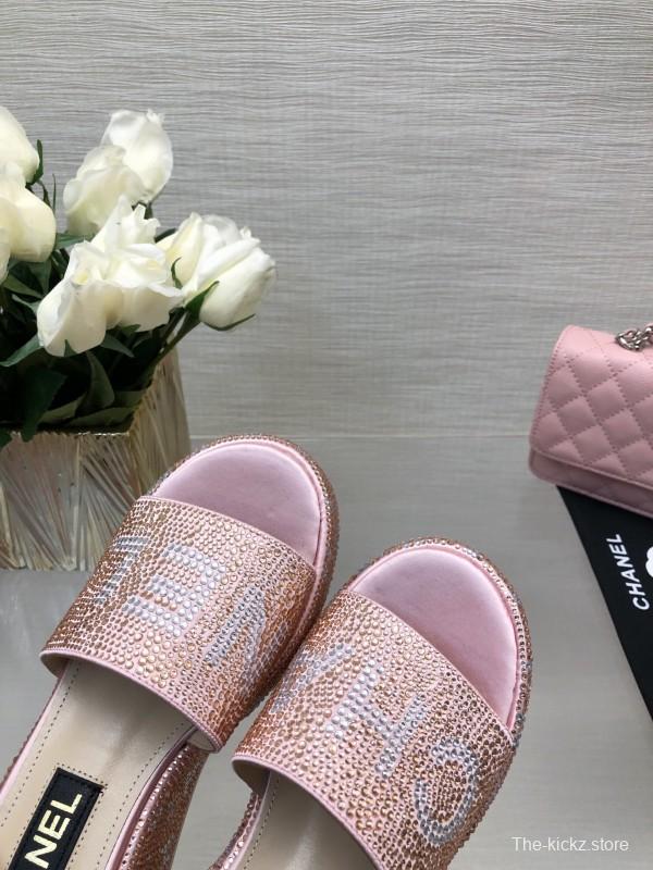 2025 Slippers Chanel Pink Rhinestone Platform Slip-On LY00320