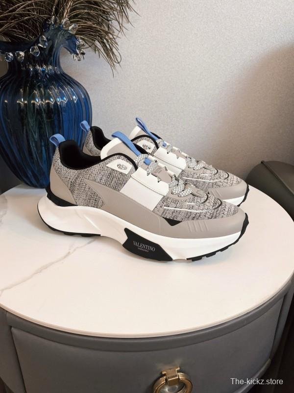 2024 Unisex Valentino White Grey Blue Fabric Leather Sneakers MJ00340