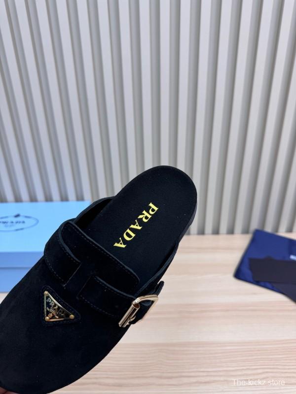 2025 Slippers Prada Black Suede Slippers LY00280