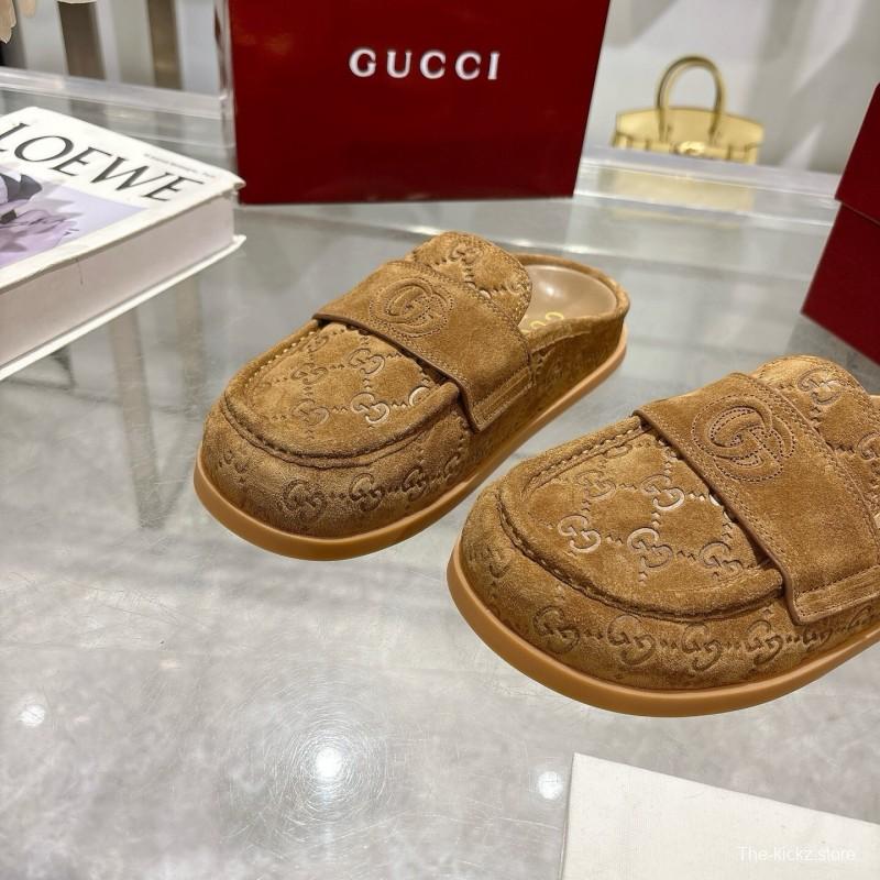 2025 Women Gucci Dark Brown Suede Loafers Embossed GG LY00270