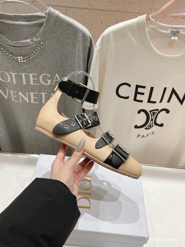 2025 Women Dior Beige Black Leather Mary Jane Buckle Flats
