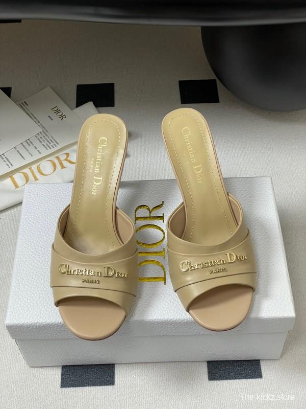 2025 Women Dior Beige Leather Heeled Slippers Christian Dior Logo