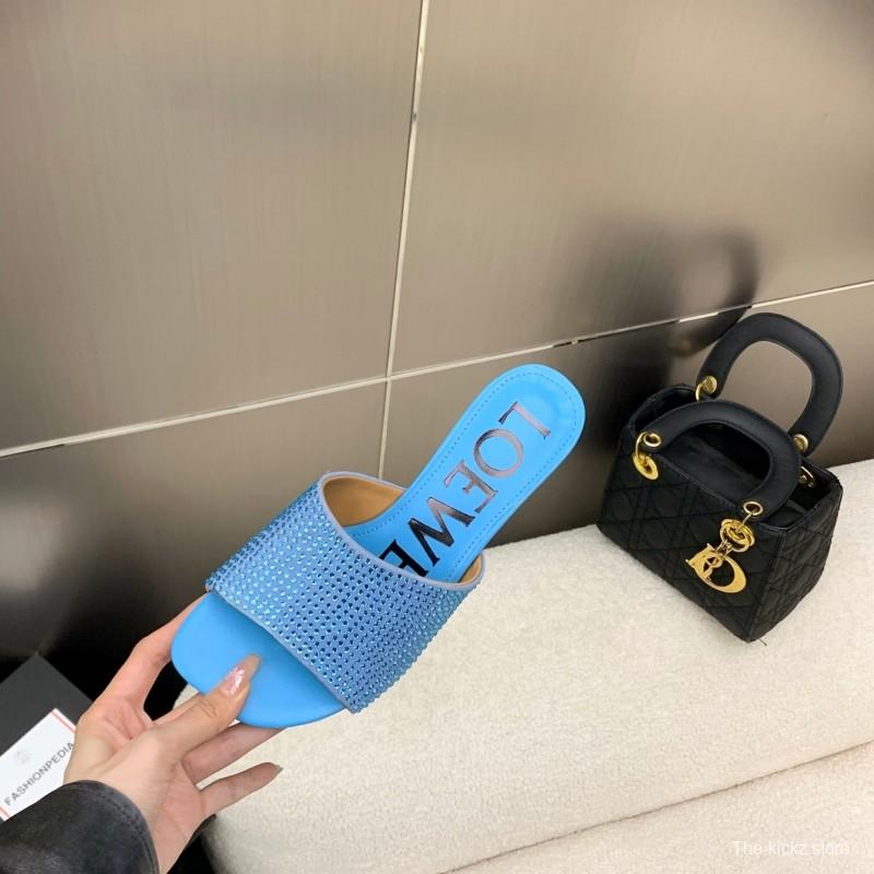 2025 Women Loewe Blue Leather Slide Sandals LY