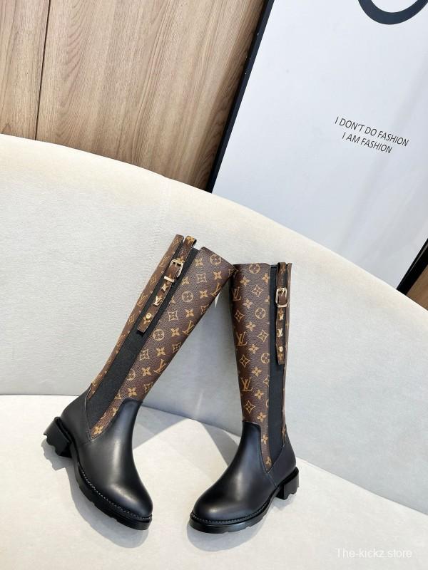 2024 Women Louis Vuitton Brown Black Leather Canvas Boots MJ00430