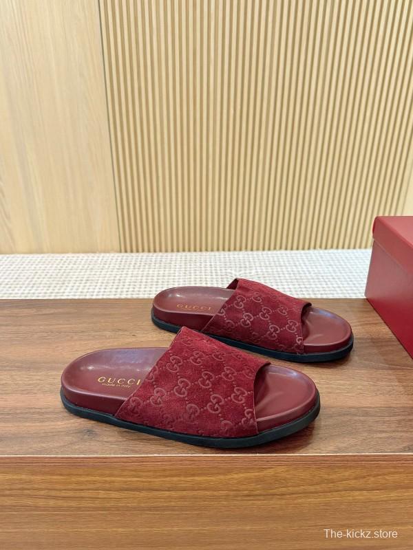 2025 Women Gucci Red Suede Leather Slippers