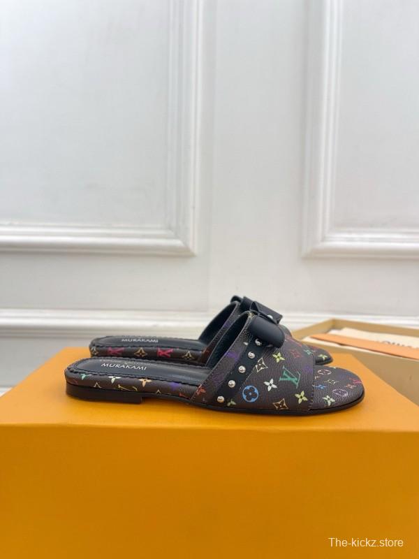 2025 Slippers Louis Vuitton Black Leather Flat Bow MJ00290