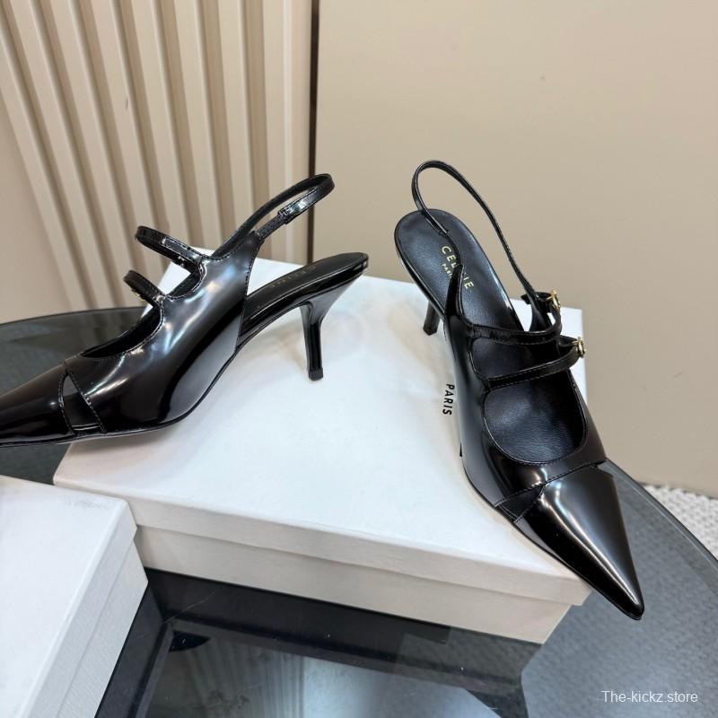 2025 Women CELINE Black Patent Leather Pointed Toe Slingback Heels