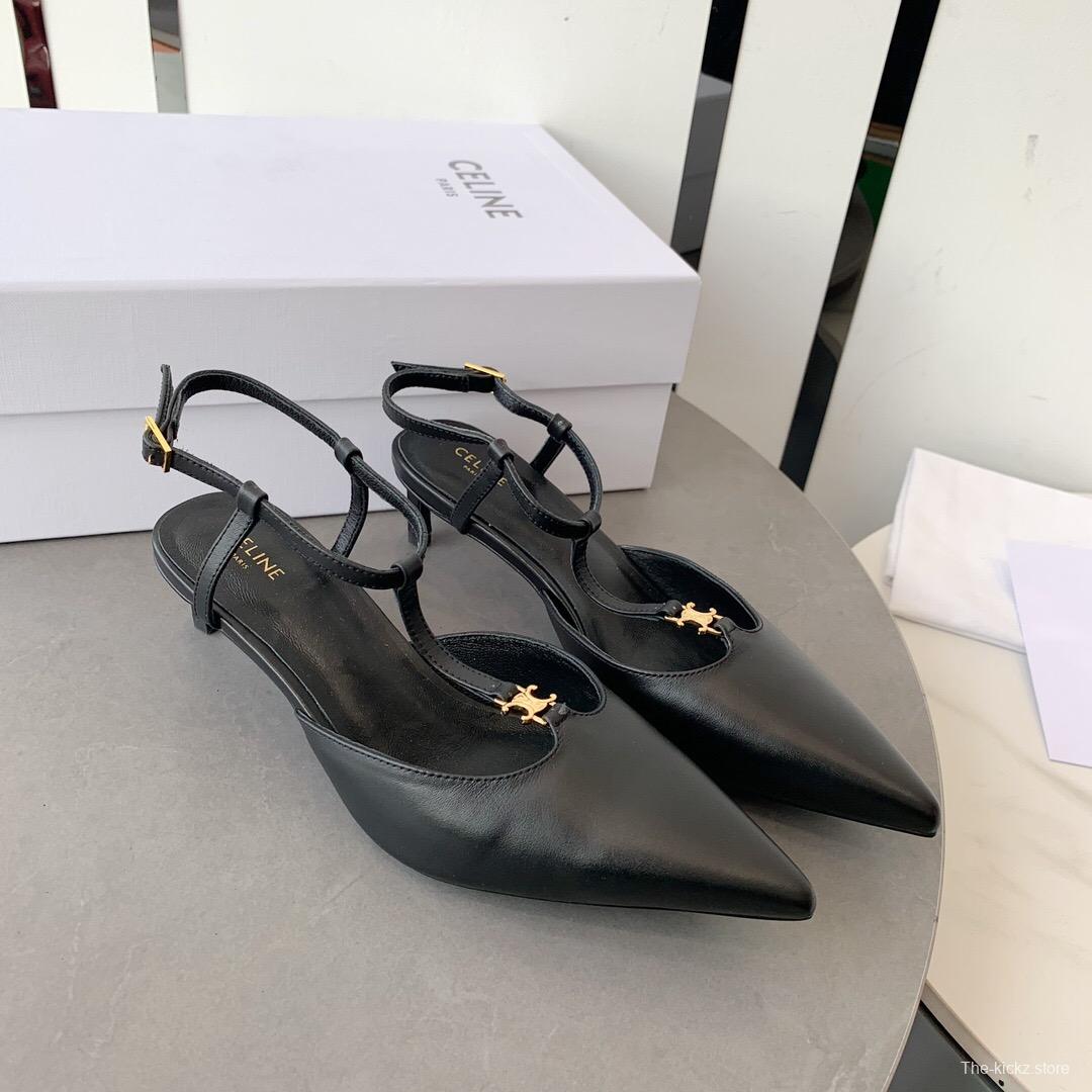 2025 Women Celine Black Calfskin Leather T-Strap TRIOMPHE Pumps