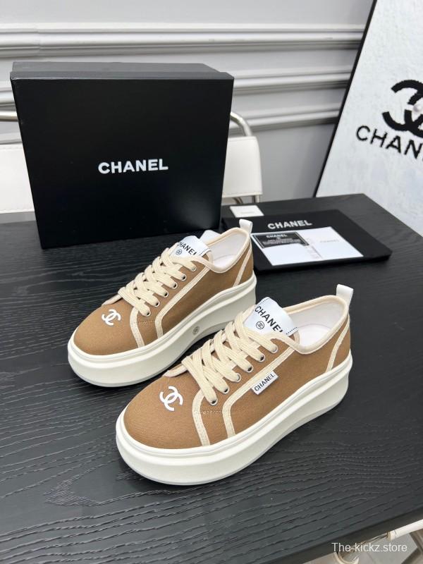 2025 Women Chanel Beige Canvas Leather Sneakers Collaboration LY00250