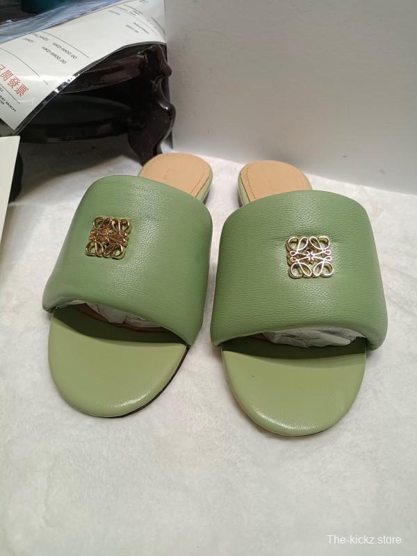 2025 Women Loewe Green Leather Slippers