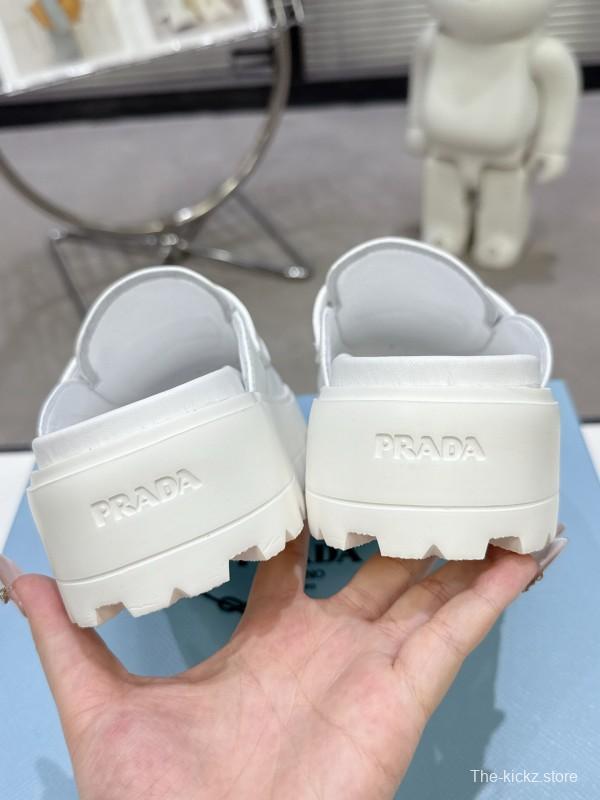 2025 Women Prada White Leather Slip-On Loafers