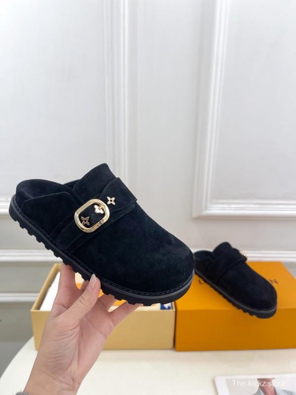 2025 Women Louis Vuitton Black Suede Mule Slip-On KFY00300