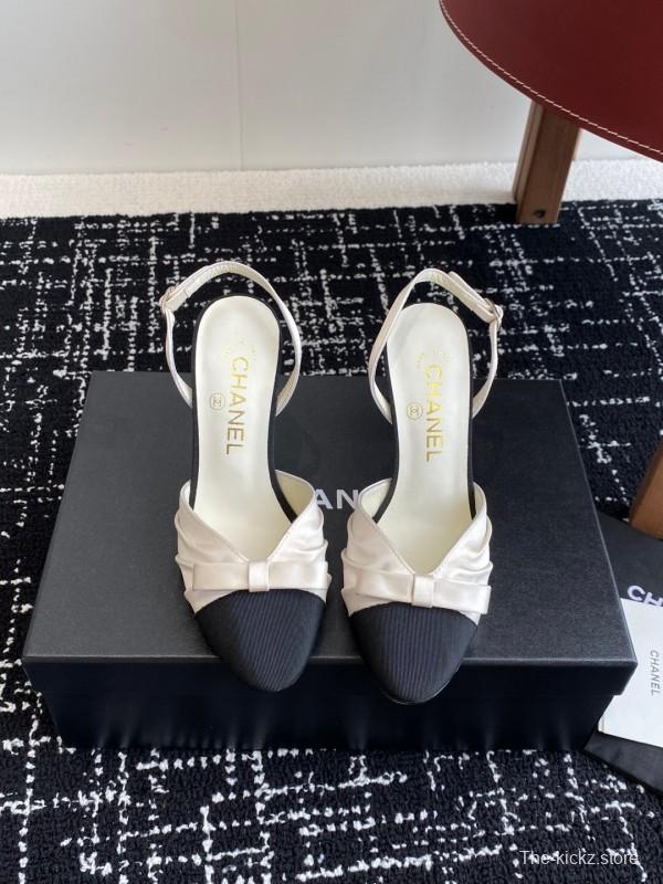 2025 Women Chanel Black White Satin Leather Slingback Heels