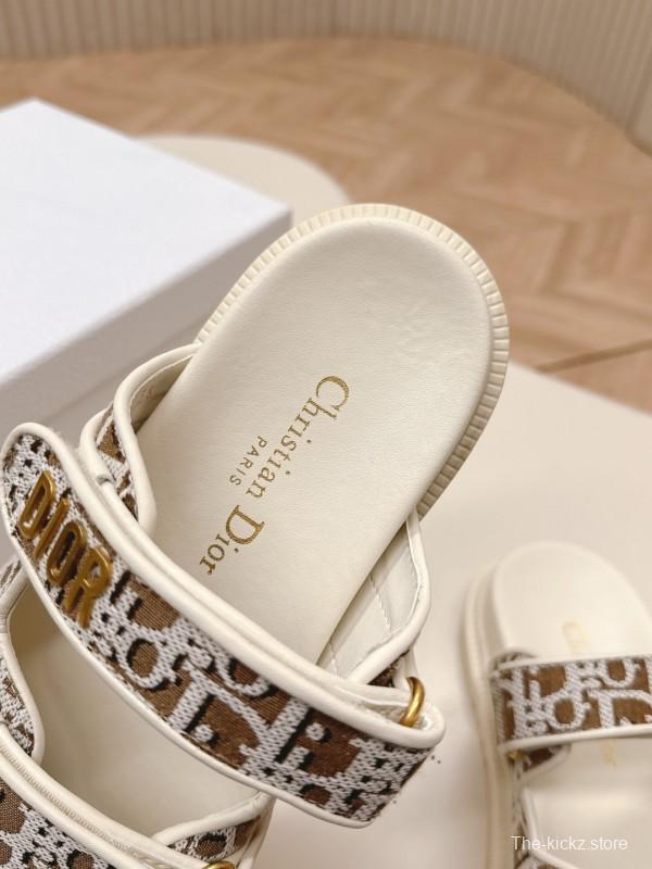 2025 Women Dior Brown Beige Canvas Leather Sandals LY