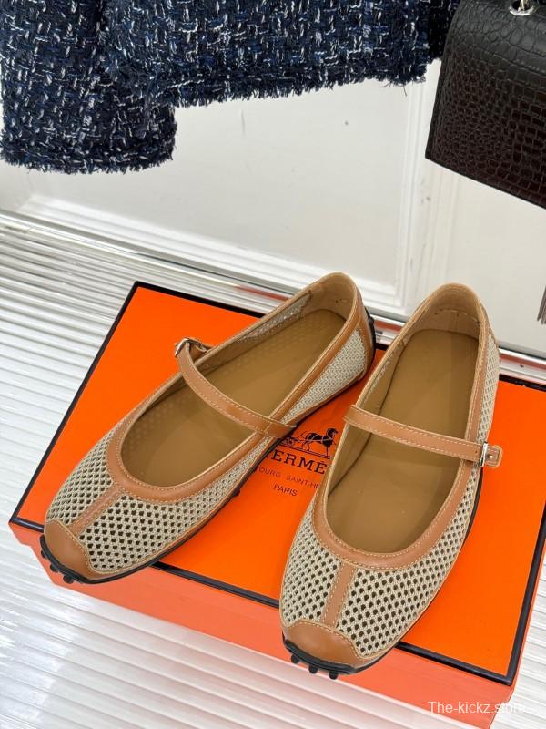 2025 Women Hermès Beige Mesh Leather Mary Jane