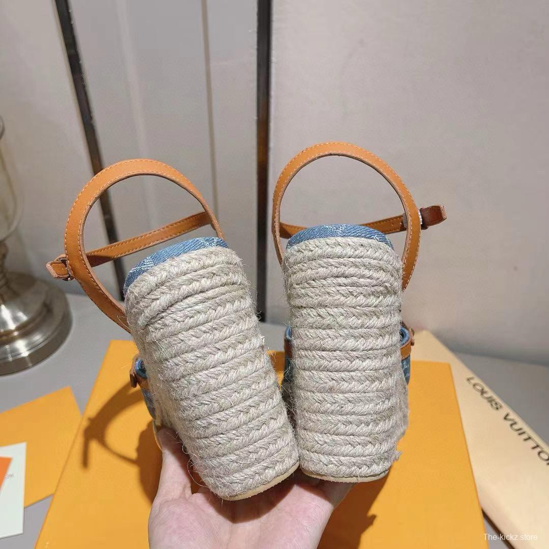 2025 Women Louis Vuitton Blue Denim Leather Espadrilles Sandals MJ00280