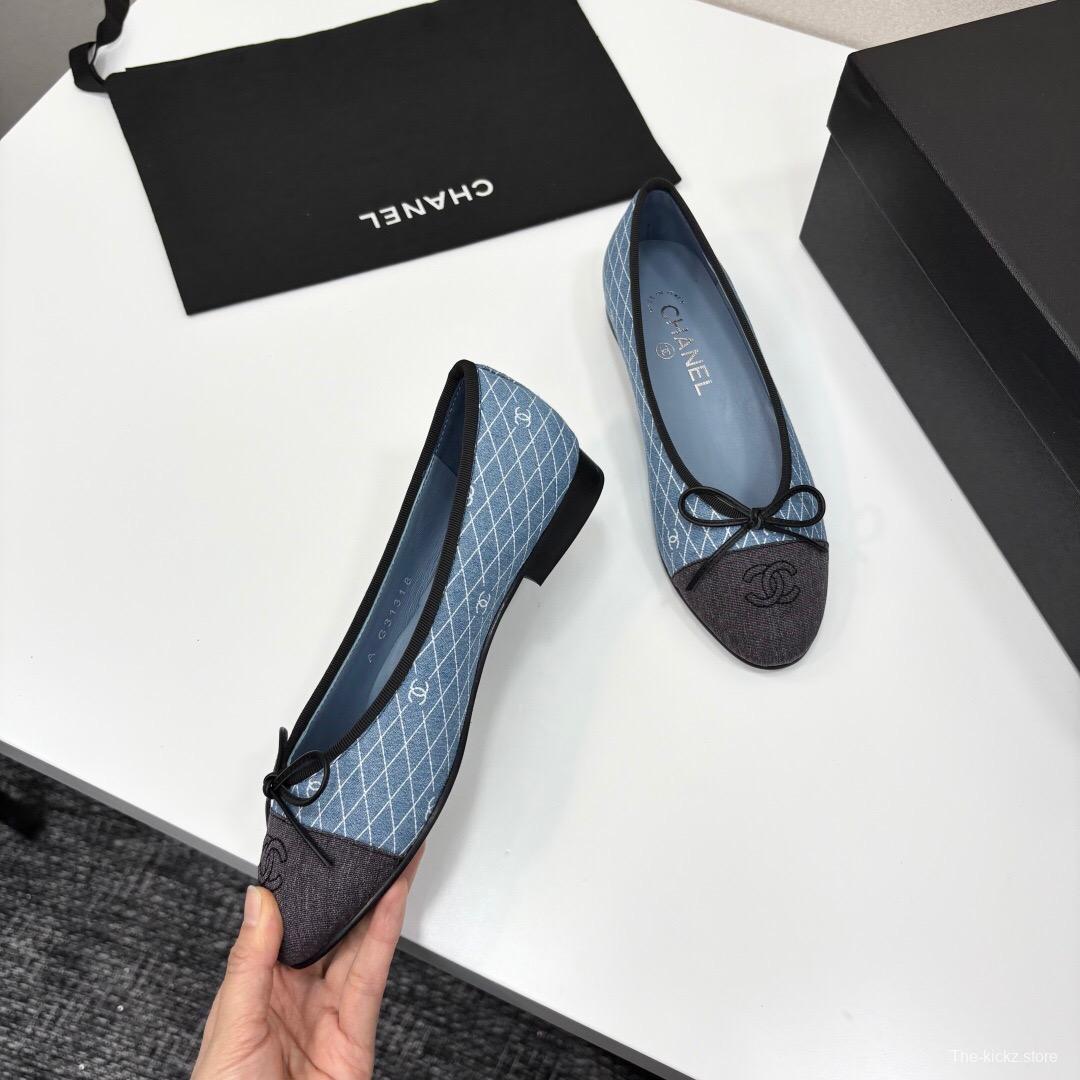 2025 Women Chanel Blue Black Fabric Leather Ballet Flats