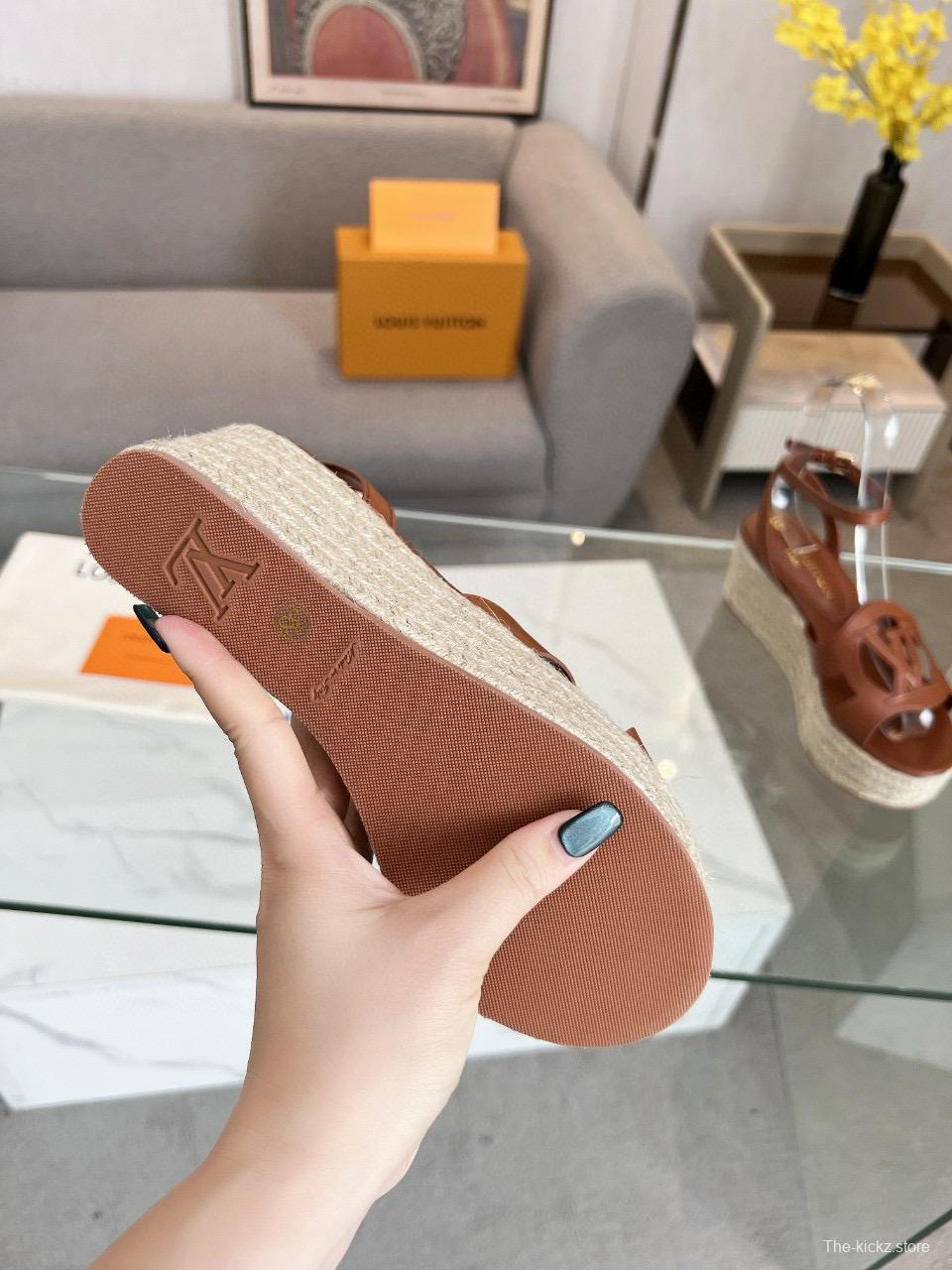 2025 Women Louis Vuitton Brown Leather Espadrille Wedge Sandals MJ00280