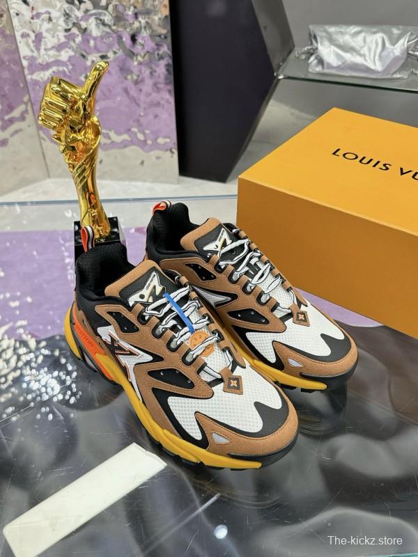 2025 Men Louis Vuitton Brown White Black Mesh Leather Sneakers MJ00420