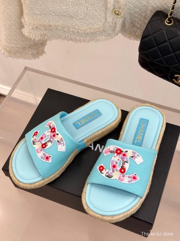 2025 Slippers Chanel Light Blue Fabric Women Embroidered Floral CC Logo KFY00230
