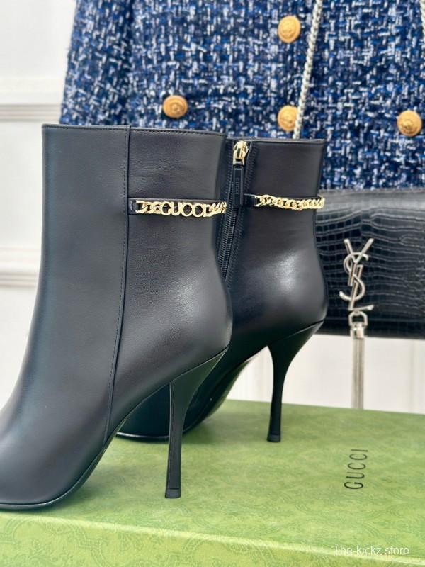 2024 Women Gucci Black Calfskin Leather Ankle Boots Chain MJ00410
