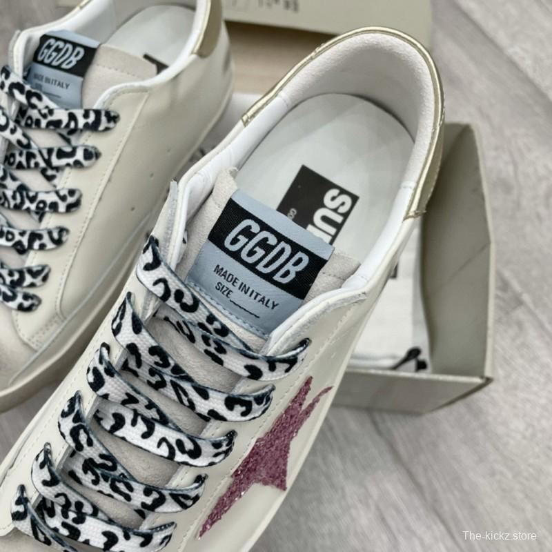 2025 Women GGDB White Pink Leather Sneakers Glitter Star