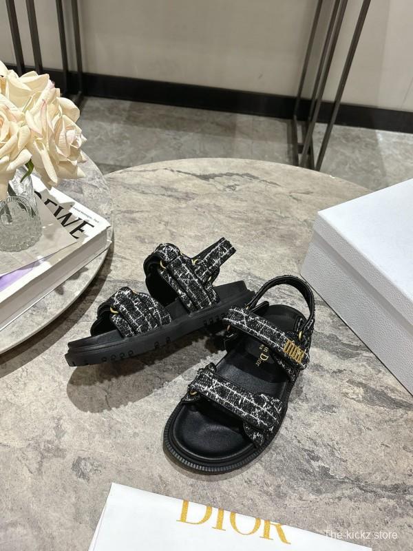 2025 Women Dior Black Fabric Leather Sandals KFY00300
