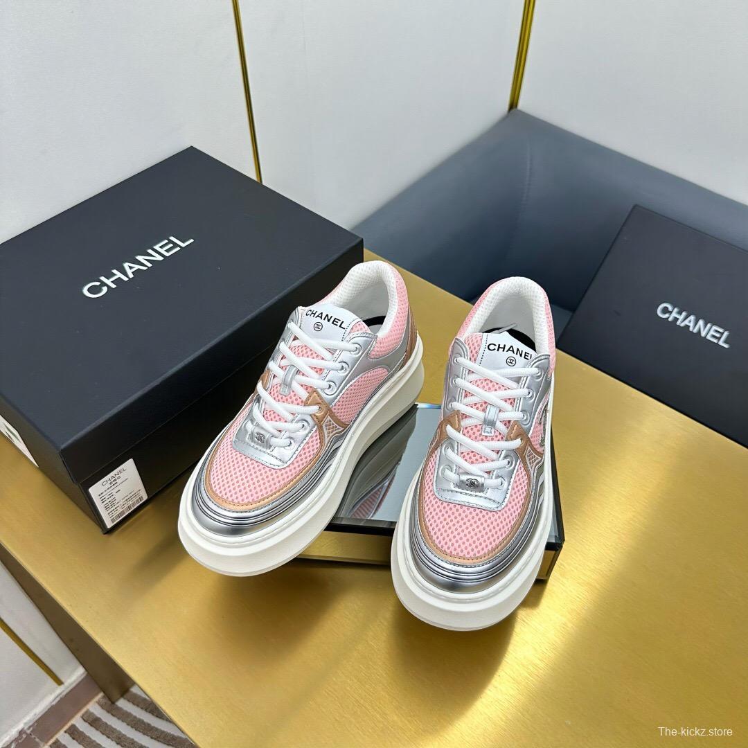 2025 Women Chanel Pink Silver Leather Mesh Sneakers