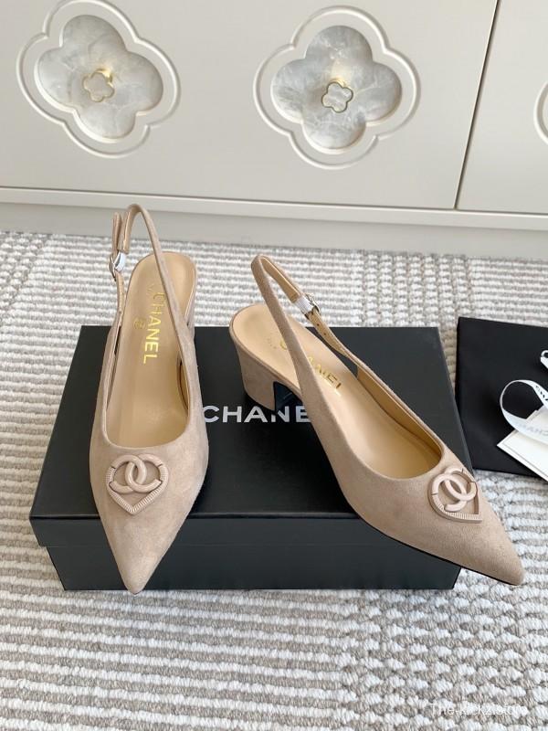 2025 Women Chanel Beige Suede Slingback Pointed Toe Heart CC Sandals