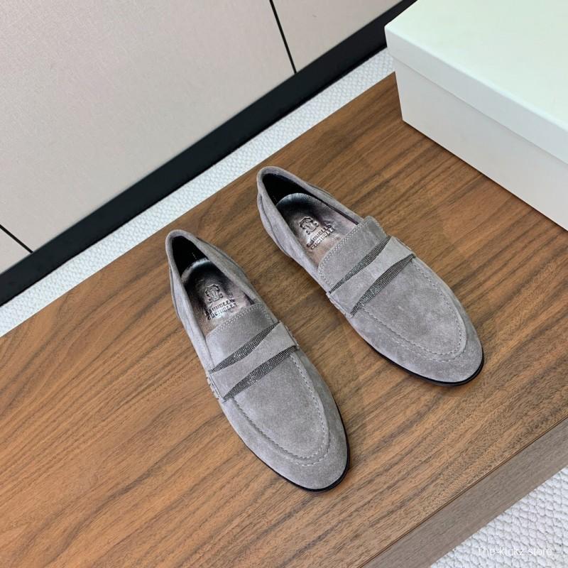 2025 Men Brunello Cucinelli Grey Suede Loafers Handcrafted Leather Sole KFY00300(M)