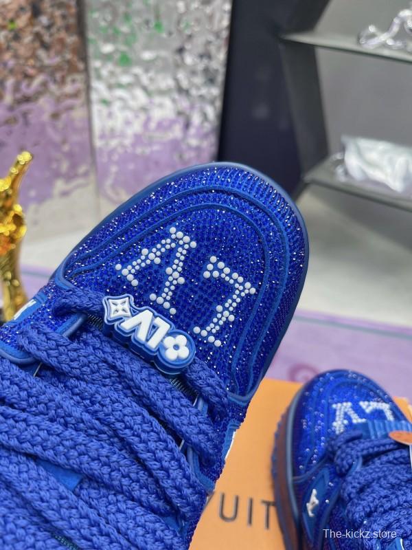 2025 Women Louis Vuitton Blue Crystal Trainer Original Custom Bing Bing Luxury Crystal Rhinestone High Temperature Hot Pressing TPU Sole AS00420