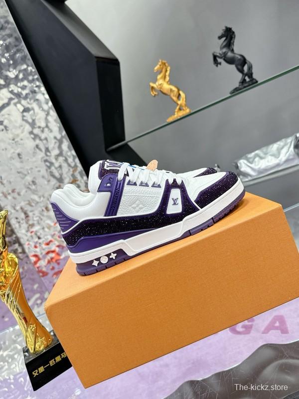 2025 Unisex Louis Vuitton White Purple Leather Denim Plimsolls Handmade Beaded AS00400