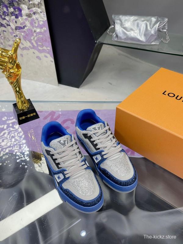 2025 Women Louis Vuitton Blue White Cow Leather Fabric Plimsolls Handcrafted Crystals AS00400