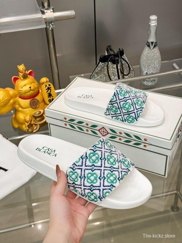2025 Men CASA BLANCA White Green Blue Embroidered Leather Slippers KFY00160