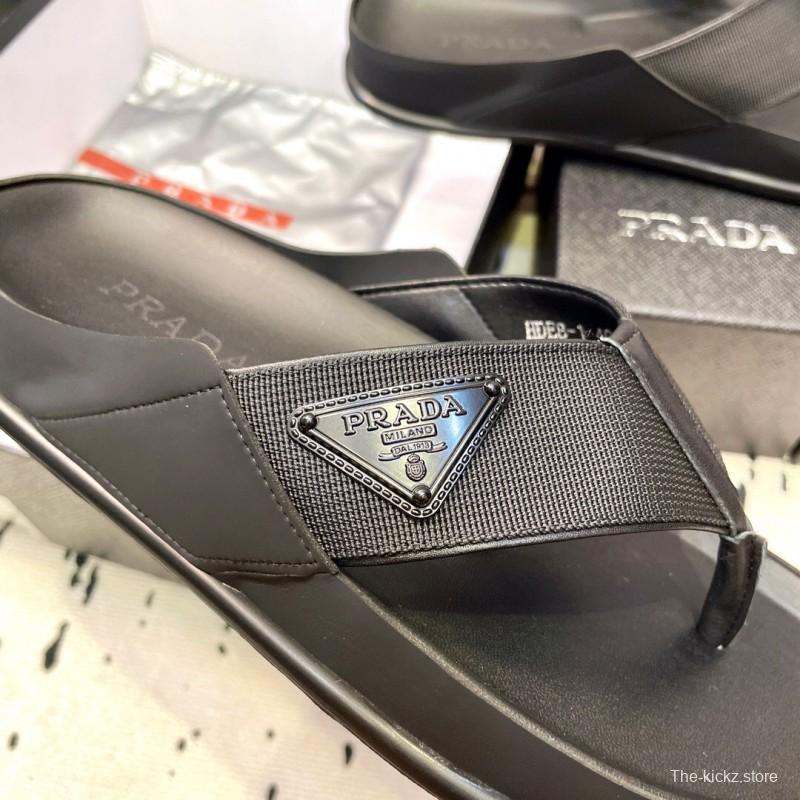 2025 Men Prada Black Fabric Leather Sandals Logo KFY00230