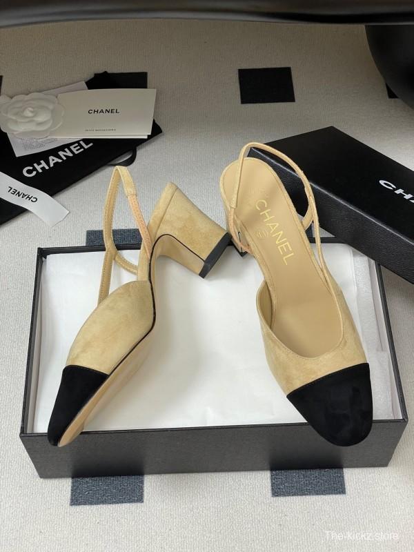 Chanel Sling-back Two-Tone Suede Slingback Sandals Flat/Block Heel - KFY00280
