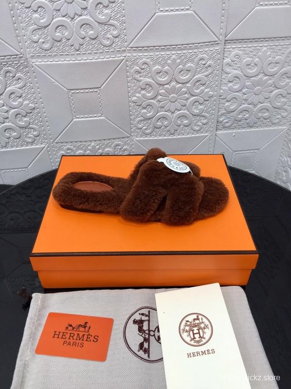 H Teddy Wool H Slippers Flat Sole Winter Fur Slippers - LY00240